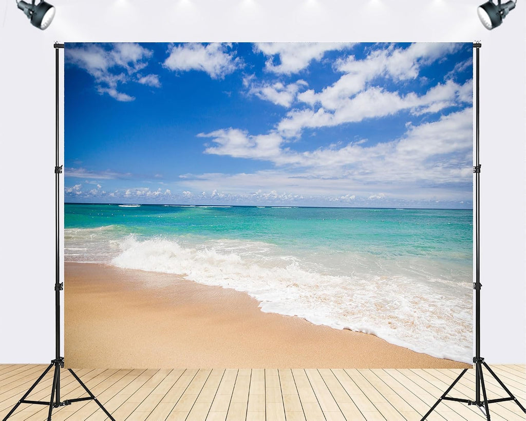 Trykid 20x10ft Turquoise Ocean Waves Backdrop Sandy Beach Clear Blue Sky Photography Background Coastal Wedding Beach Party Tapestry Party Decoration Photo Studio Prop Fabric