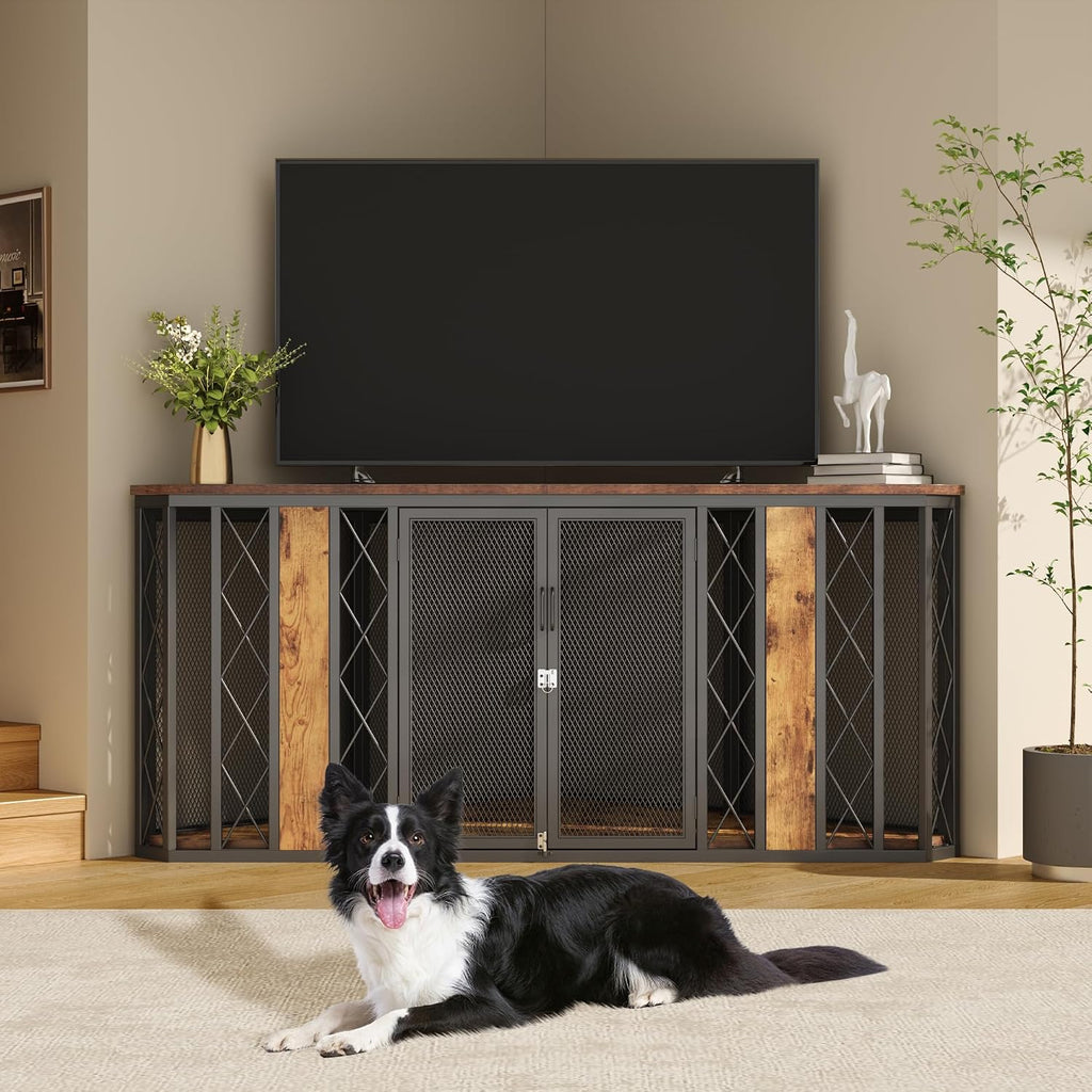 kepptory 67' Corner Wooden Dog Crate Furniture with Diamond Metal Decoration, Pet Kennel for Small, Medium and Large Dogs, Space-Saving Dog Cage for TV Stand(Brown)