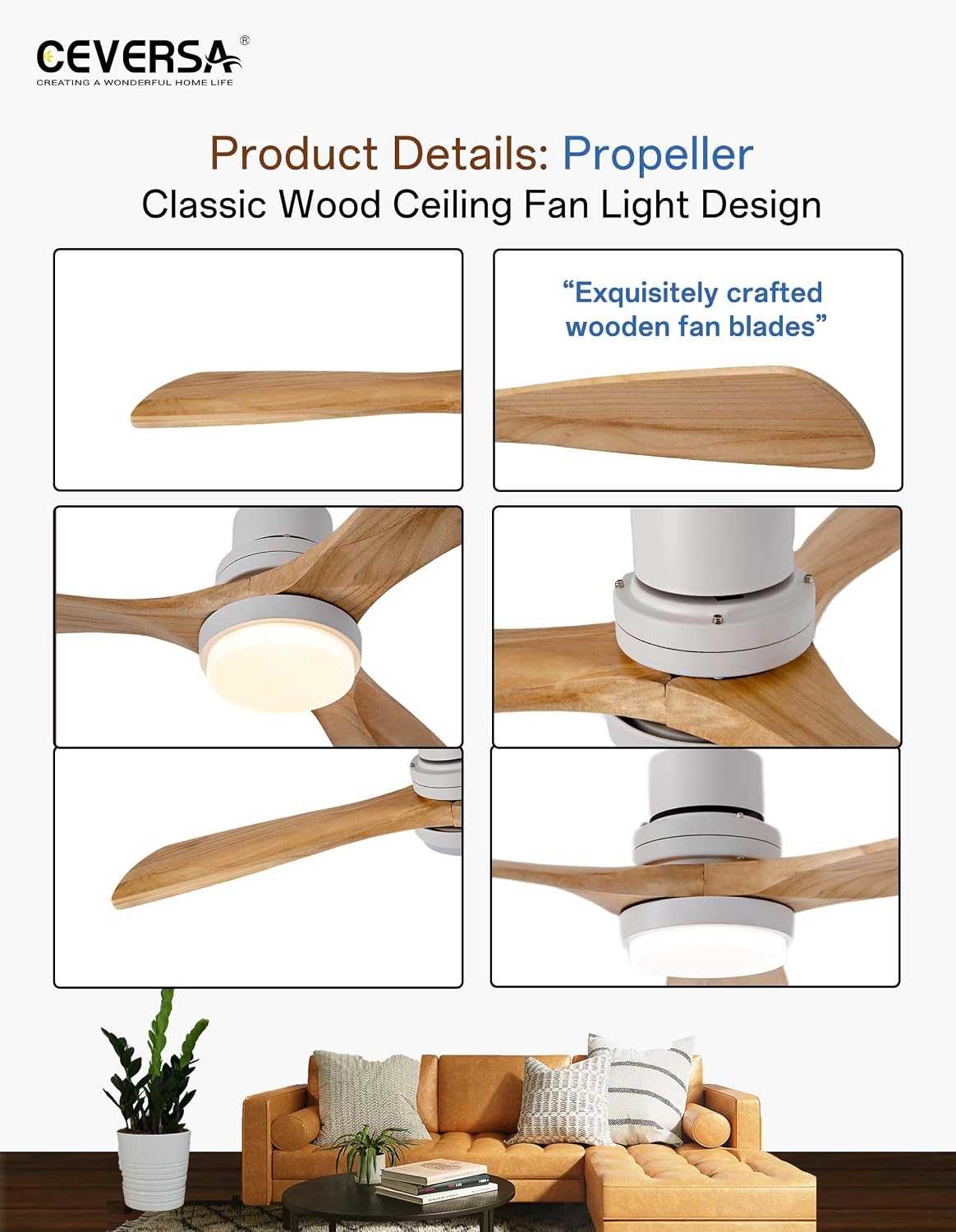 52 Inch Natural Wood Ceiling fans with Lights and Remote,3 Blades Wooden Modern Ceiling Fans,Dimmable Light,Noiseless Reversible DC Motor for Patio,Living Room,Outdoor,Indoor,Farmhouse