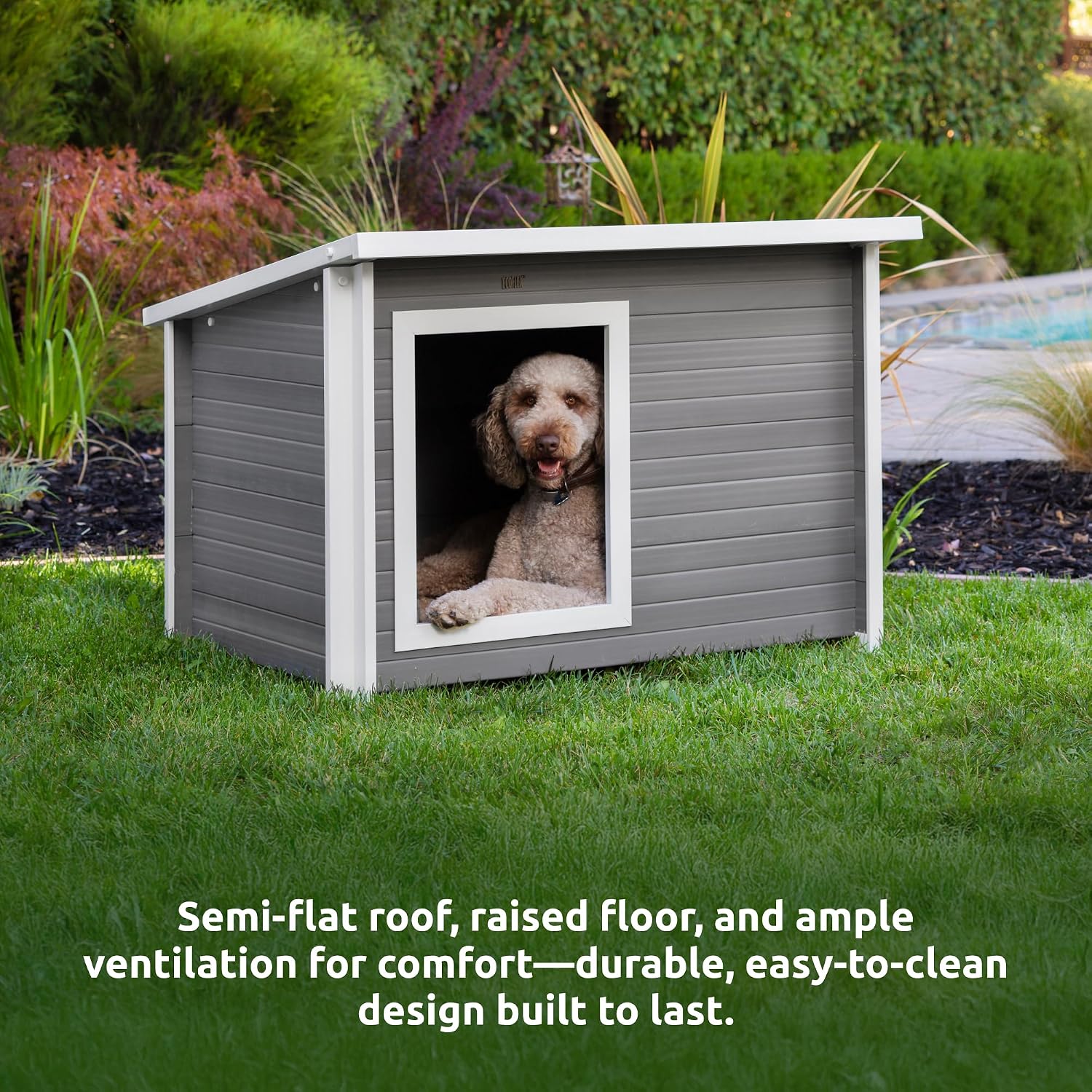 New Age Pet ECOFLEX Rustic Lodge Outdoor Elevated Dog House, X-Large Weather Resistant Shelter for Large Dogs, Wood Look Composite Material, Easy Assembly with 10 Year Warranty