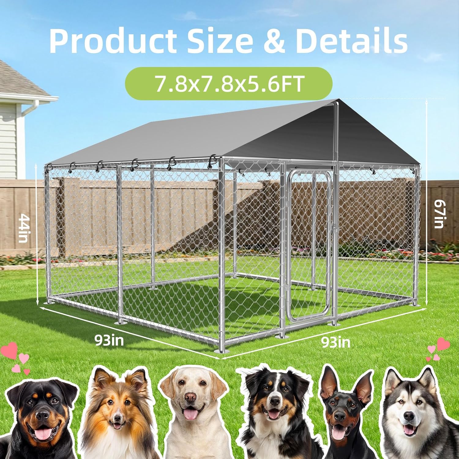7.8x7.8FT Large Outdoor Dog Kennel Outside,Heavy Duty Dog Enclosure with Waterproof Cover Roof and Steel Fence Security Lock for Dogs(93x93x63in)
