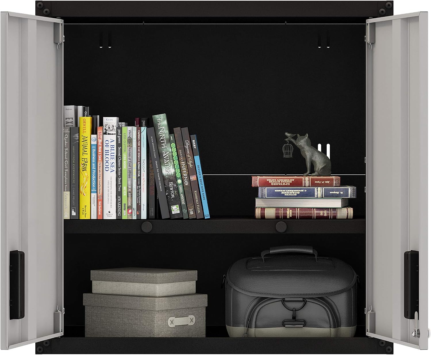 Floating Garage Storage Cabinet - Heavy-Duty Wall Mount Steel Cabinet, Lockable 2-Door Design, Removable Shelf, 44 lbs Capacity, Ready-to-Assemble Metal Garage Organizer (Black and Grey)