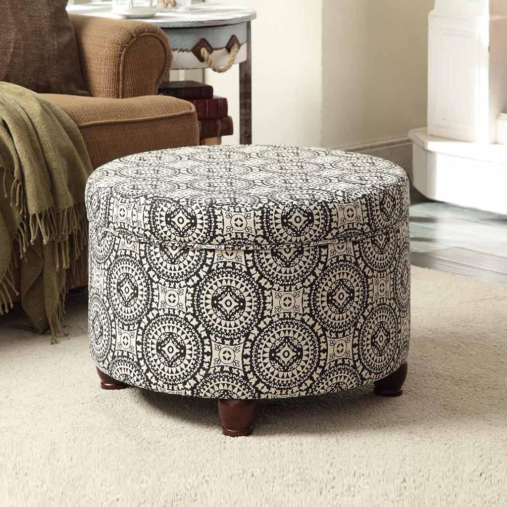 Homepop Home Decor | Upholstered Round Storage Ottoman | Ottoman with Storage for Living Room & Bedroom, Black and White Medallion Large