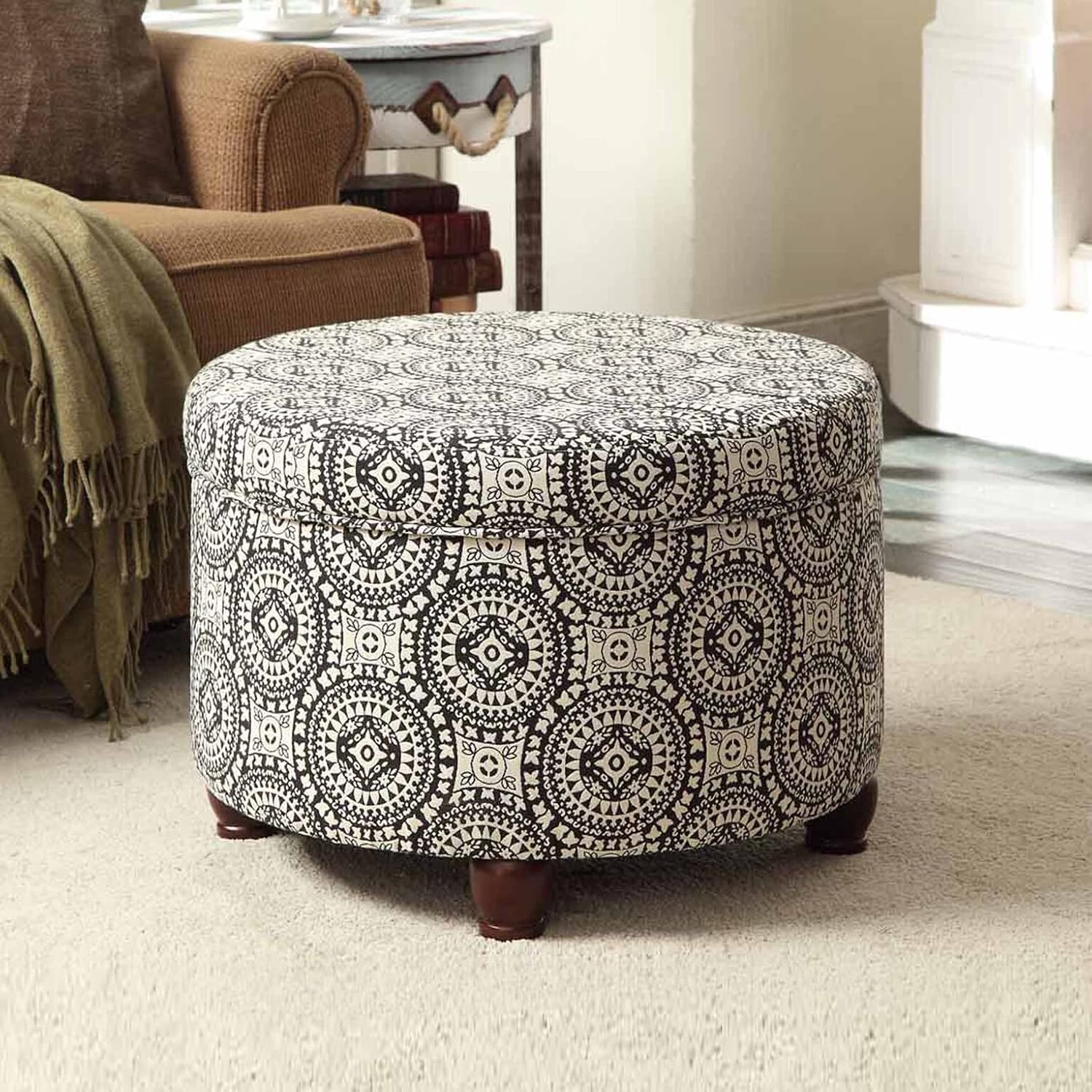 Homepop Home Decor | Upholstered Round Storage Ottoman | Ottoman with Storage for Living Room & Bedroom, Black and White Medallion Large