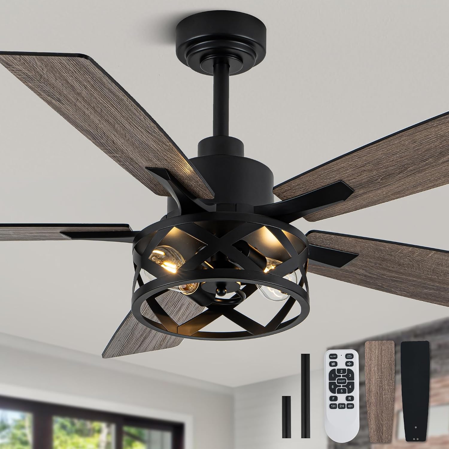 52' Farmhouse Ceiling Fan with Lights and Remote,Ceiling Fan with Rustic Caged Light Fixture,Reversible DC Motor,5 Double Finish Wood Blades for Patio, Living Room, Dining Room,Bedroom
