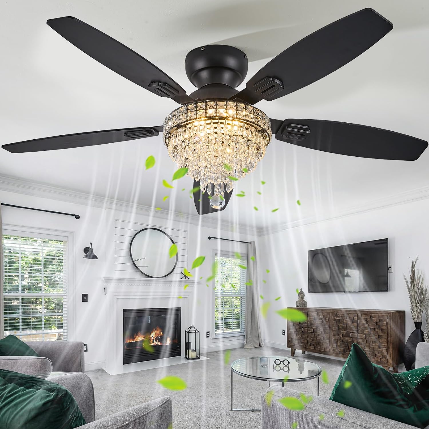 Crystal Ceiling Fan Fandelier with Lights-Ceiling Fans,50' Low Profile and Remote Control, Flush Mount, Reversible, Dimmable, Noiseless, Black Ceiling Fan for Bedroom