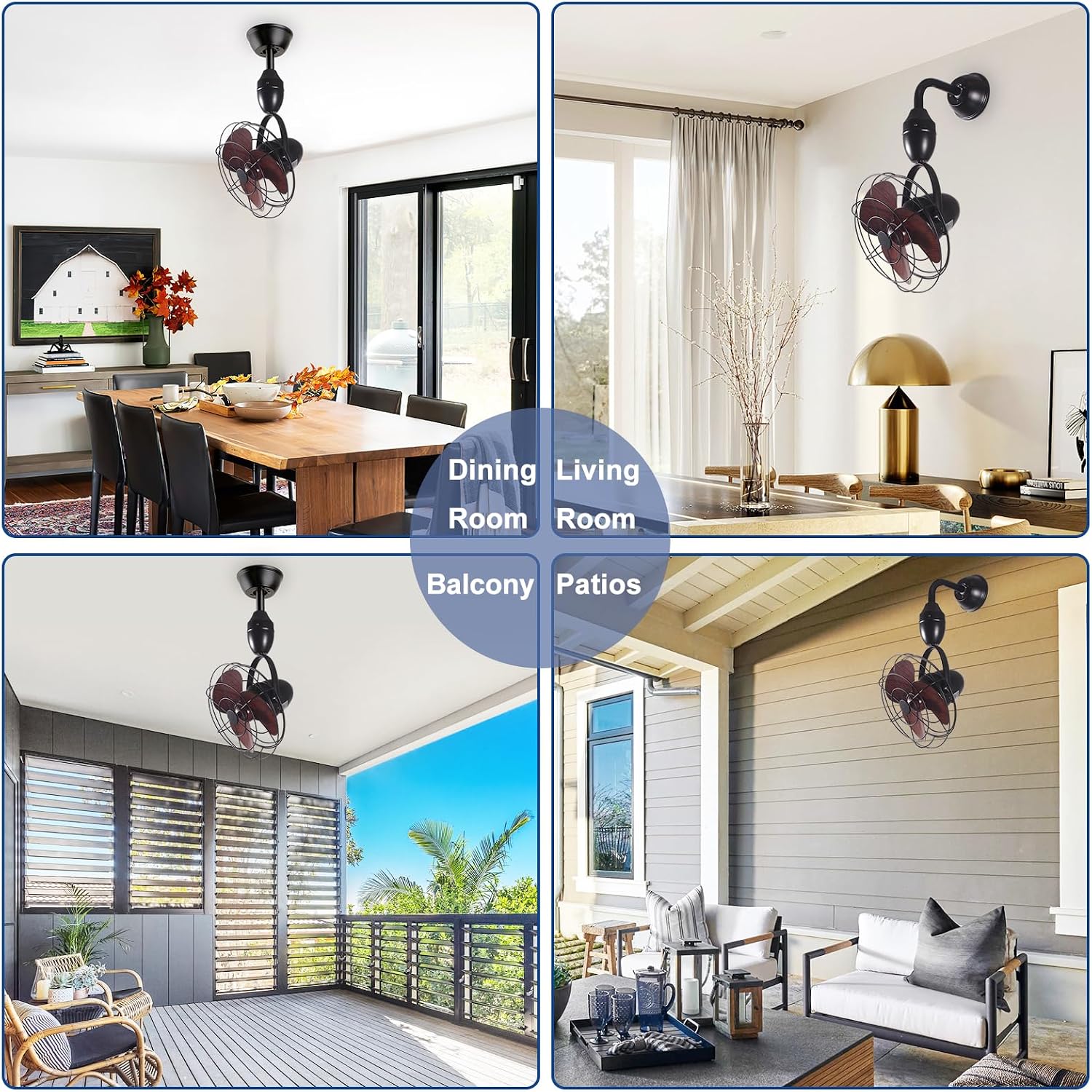 Depuley Oscillating Ceiling Fan with Remote: Black and Walnut Wall Mount Fan Ceiling for Patio - Caged Outdoor Wall Fan for Indoor Bedroom Kitchen - 80° Oscillation 100° Adjustable