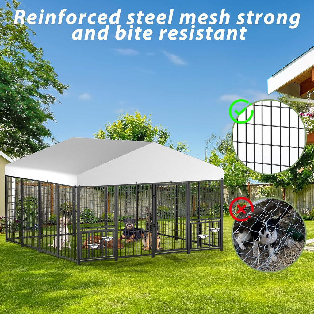 LOVMOR Outdoor Dog Kennel with Roof, Heavy Duty Steel Dog Run Enclosure for Large Dogs, Waterproof Canopy, Double Latch Door, Adjustable Feeding Bowls, Pet Pen for Yard and Patio, 10'L x 10'W x 6.5'H