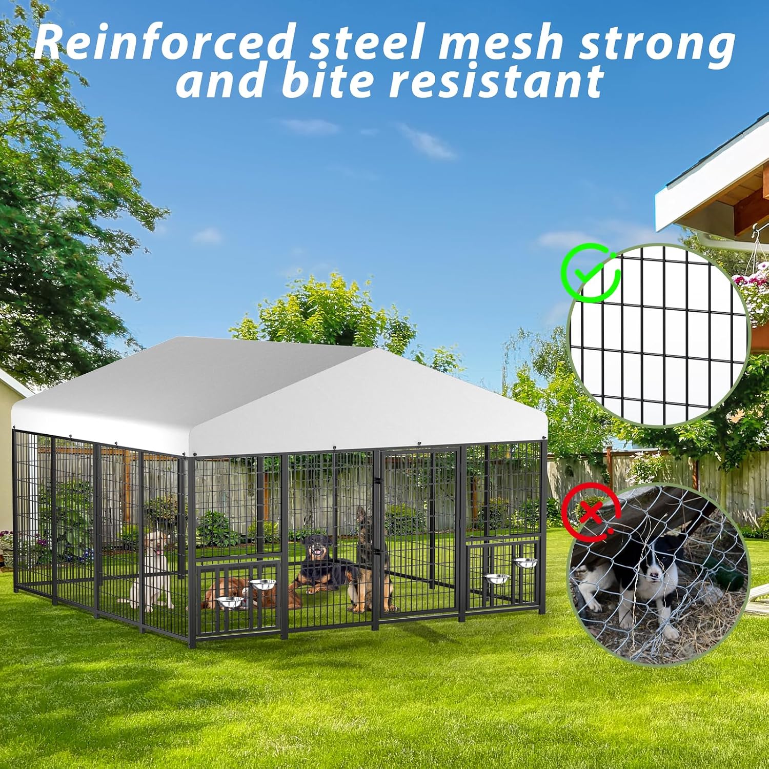 LOVMOR Outdoor Dog Kennel with Roof, Heavy Duty Steel Dog Run Enclosure for Large Dogs, Waterproof Canopy, Double Latch Door, Adjustable Feeding Bowls, Pet Pen for Yard and Patio, 10'L x 10'W x 6.5'H