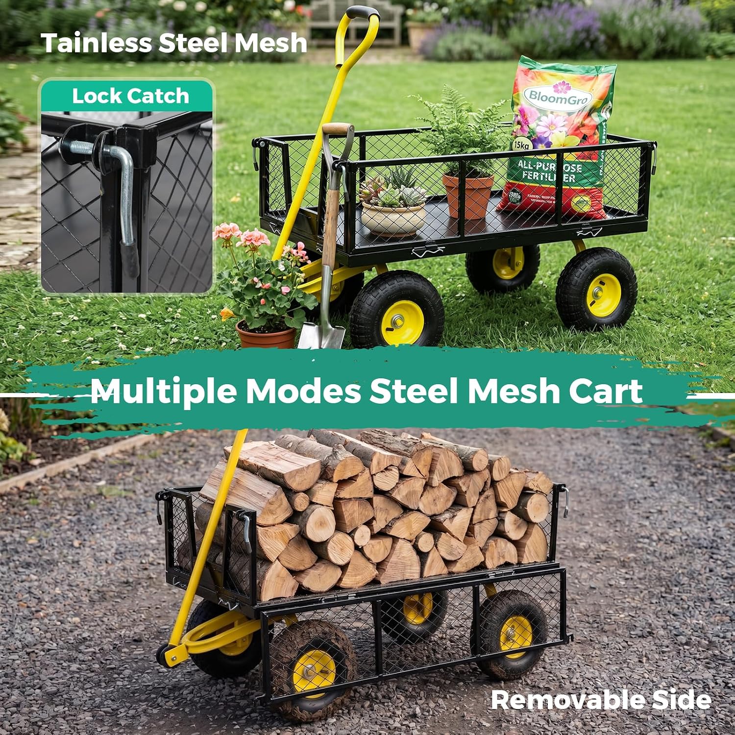 SUNNYFEEL 900 LBS Heavy Duty Steel Garden Cart, Utility Garden Wagon Cart with 10' Flat-Free Wheels and Removable Sides, All Season Yard Cart with 180° Adjustable Handle