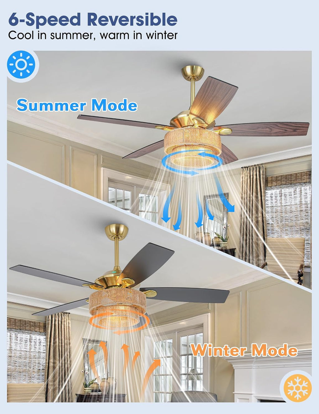 Parrot Uncle Ceiling Fans with Lights and Remote, 52 Inch Farmhouse Rustic Ceiling Fan for Bedroom, Chandelier Outdoor Ceiling Fans with Reversible 5 Blades, Black/Wood Grain, Woven Drum Shade