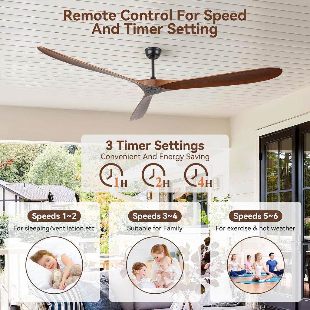 Ceiling Fans Without Light, 88 In Extra Large Ceiling Fan No Lights, 3 Wood Walnut Blades, DC Motor, Propeller Outdoor Ceiling Fan for Patios and Big Rooms with Remote Control