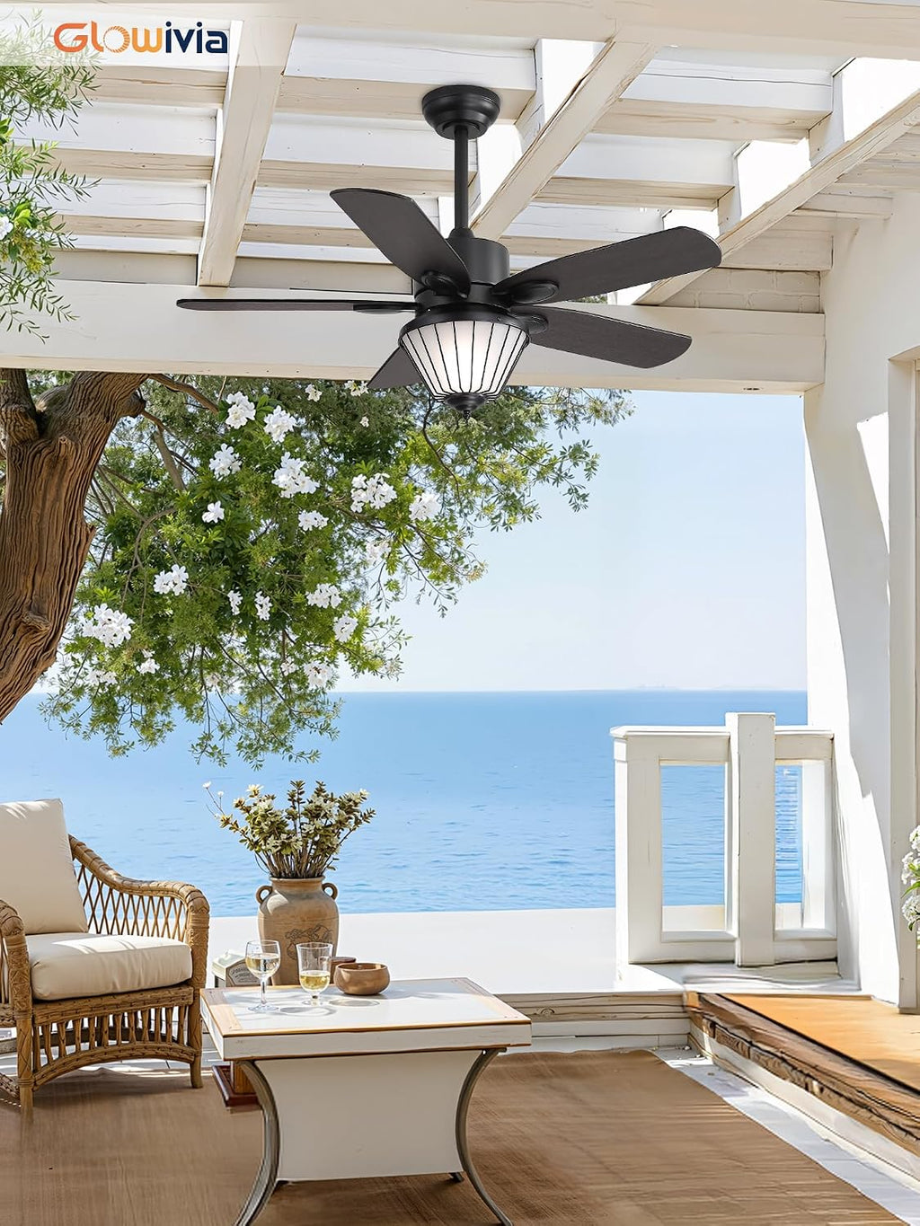 42 Inch Waterproof Outdoor Ceiling Fan with Lights, IP65 Waterproof, Remote Control, 6-Speed Quiet DC Motor, 5 Dual Finish Blades, Farmhouse Ceiling Fan for Patios Porch Pavilion (Black)