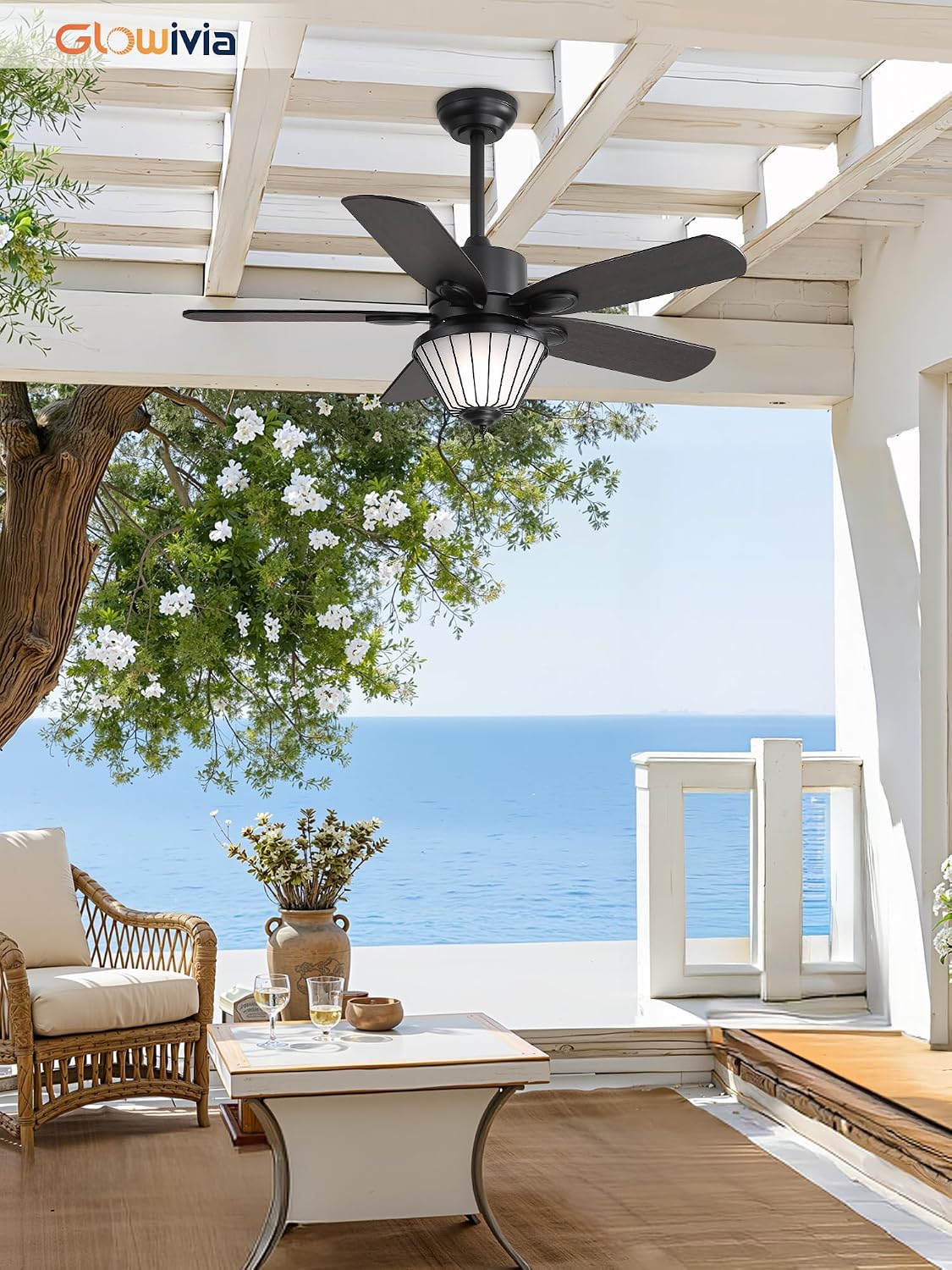 42 Inch Waterproof Outdoor Ceiling Fan with Lights, IP65 Waterproof, Remote Control, 6-Speed Quiet DC Motor, 5 Dual Finish Blades, Farmhouse Ceiling Fan for Patios Porch Pavilion (Black)