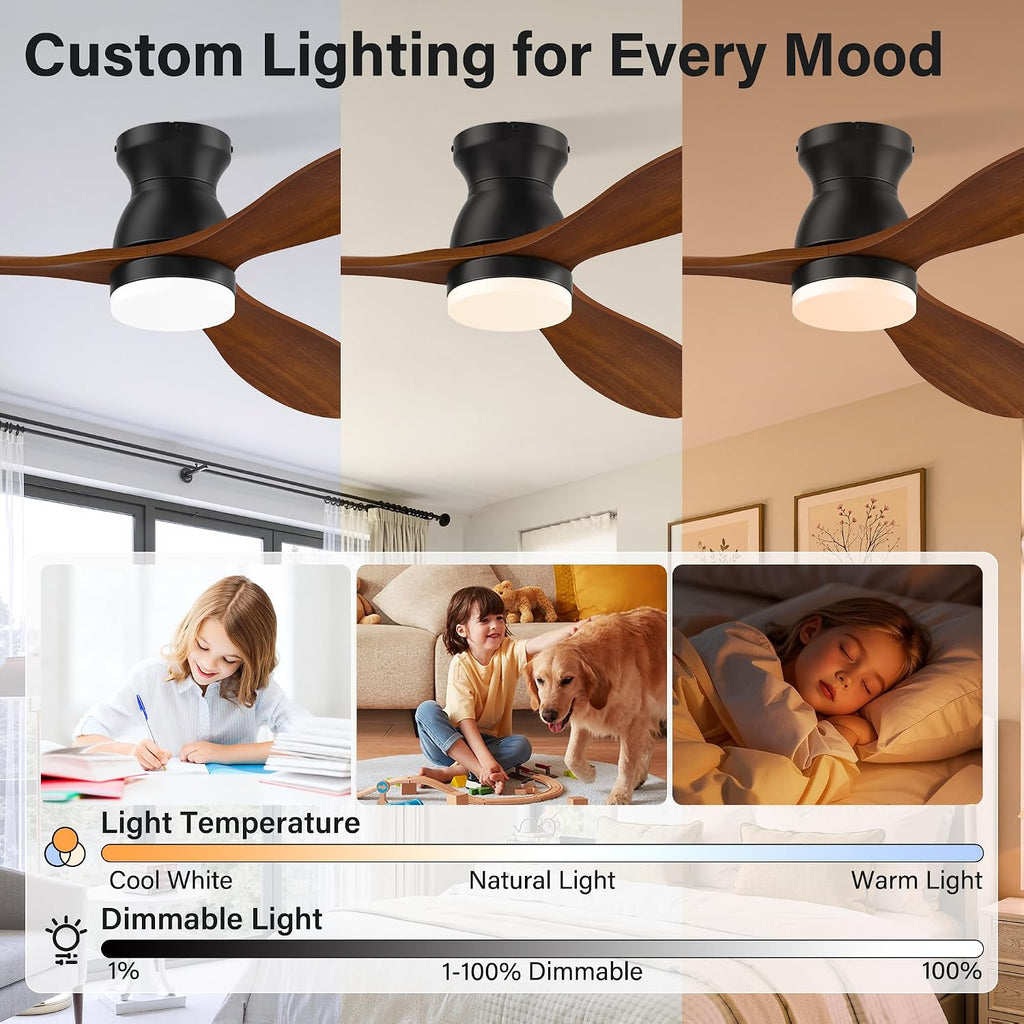 52' Wood Ceiling Fans with Lights Remote,Smart Control via Alexa APP,Quiet DC Motor,Flush Mount Ceiling Fan for Low Profile Living Room,Patio,Indoor Outdoor,Black&Walnut Brown,3 Blade,6 Speed,Dim LED