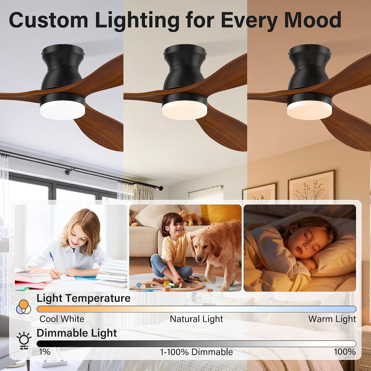 52' Wood Ceiling Fans with Lights Remote,Smart Control via Alexa APP,Quiet DC Motor,Flush Mount Ceiling Fan for Low Profile Living Room,Patio,Indoor Outdoor,Black&Walnut Brown,3 Blade,6 Speed,Dim LED
