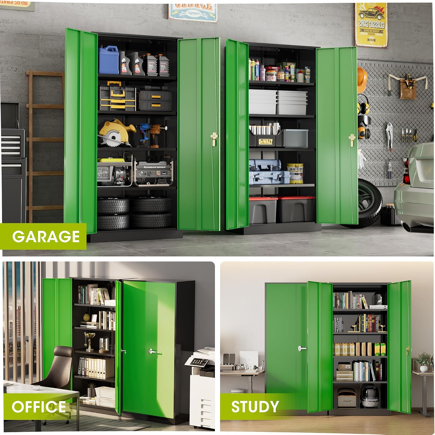 Greenvelly Metal Lockable Storage Cabinet, 72' Storage Cabinet with 2 Doors and 4 Adjustable Shelves for Office, Home, Garage, Pantry (Assembly Required, Black Green)