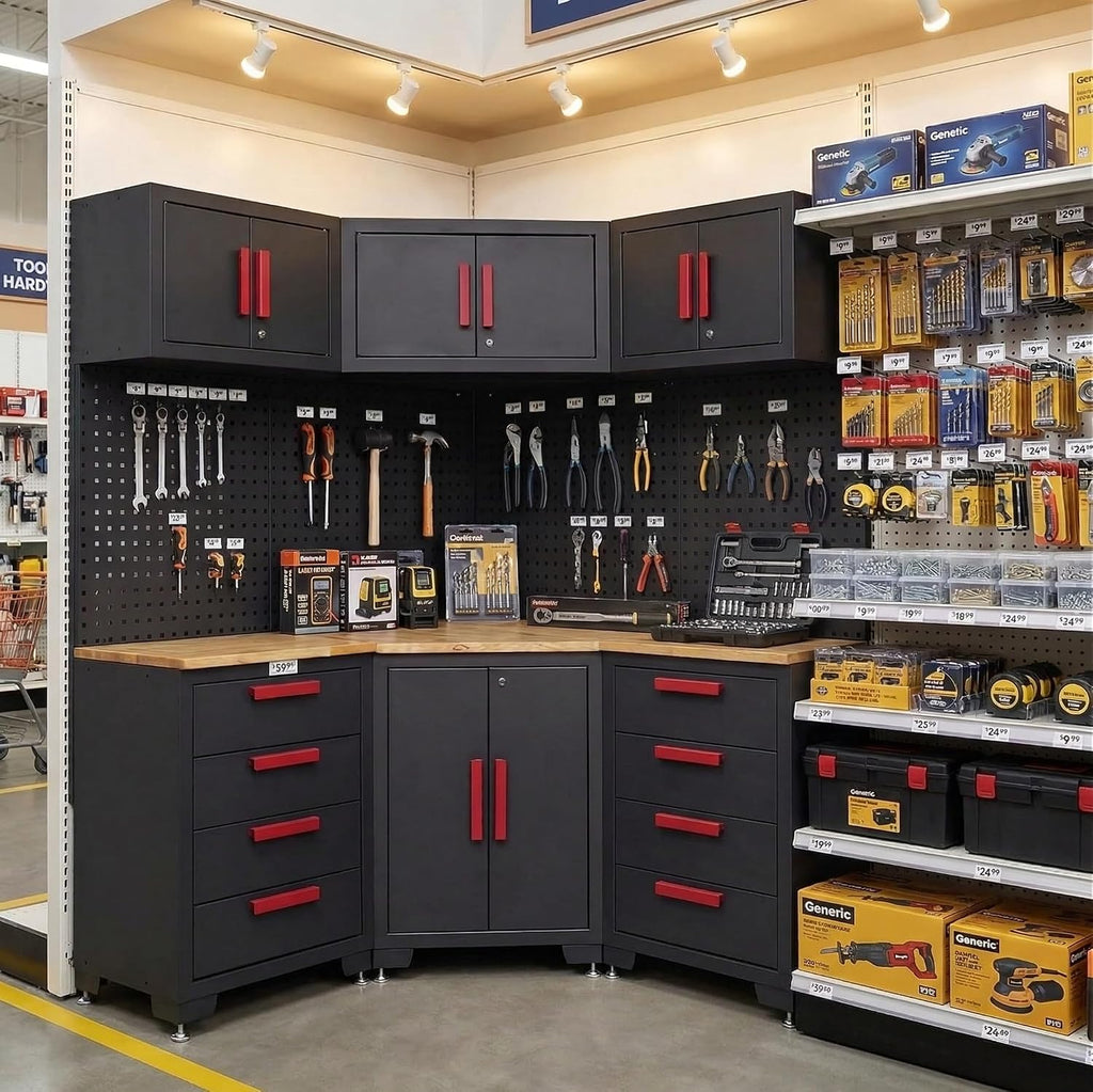 Corner Workshop Set,10Pcs Garage Cabinets and Storage System with Corner Cabinet, Cabinet Drawers, Workbench, Pegboard for Tool Organization, Red Handle