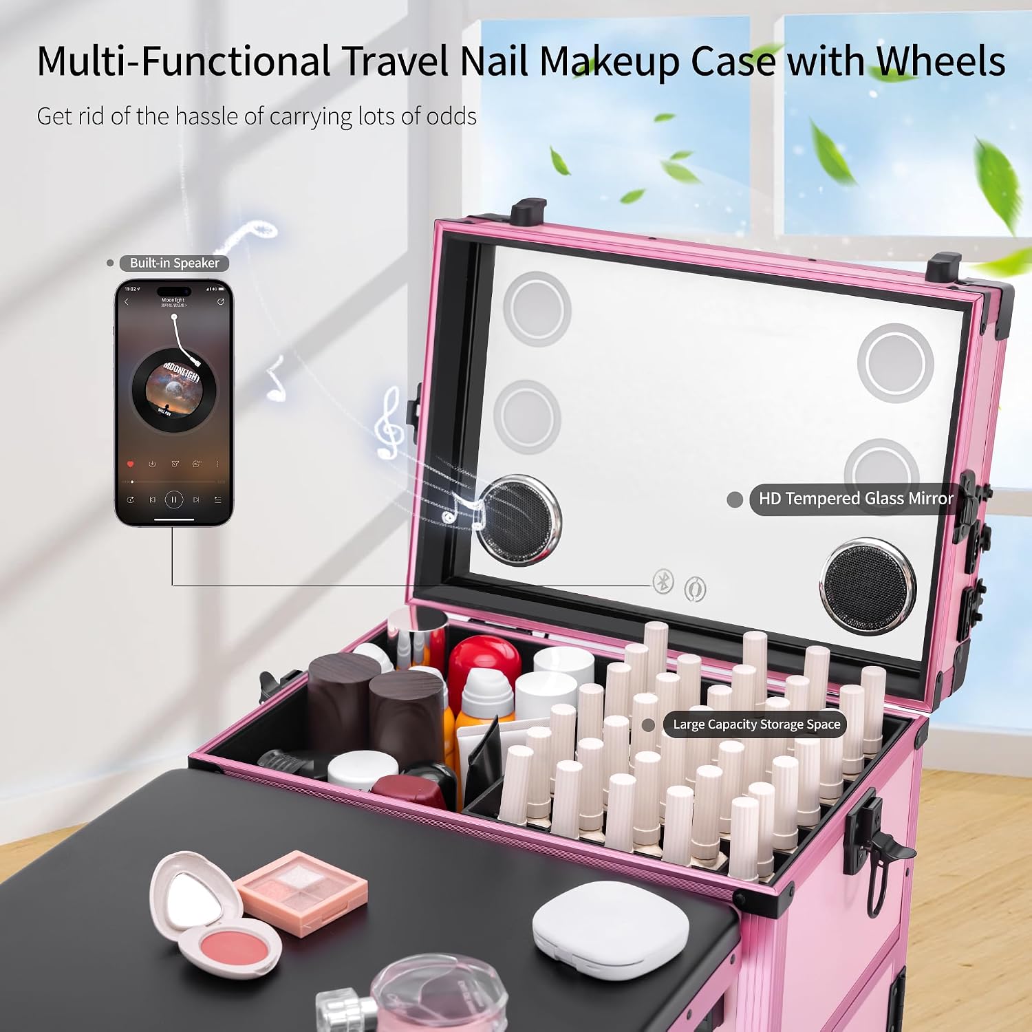 Portable Manicure Table 3 Drawers, Rolling Lockable Makeup Train Case with Blueteeth Speaker and Nail Polish Organizer, Foldable Nail Desk with Mirror & TSA Lock for Nail Tech and Salon Use