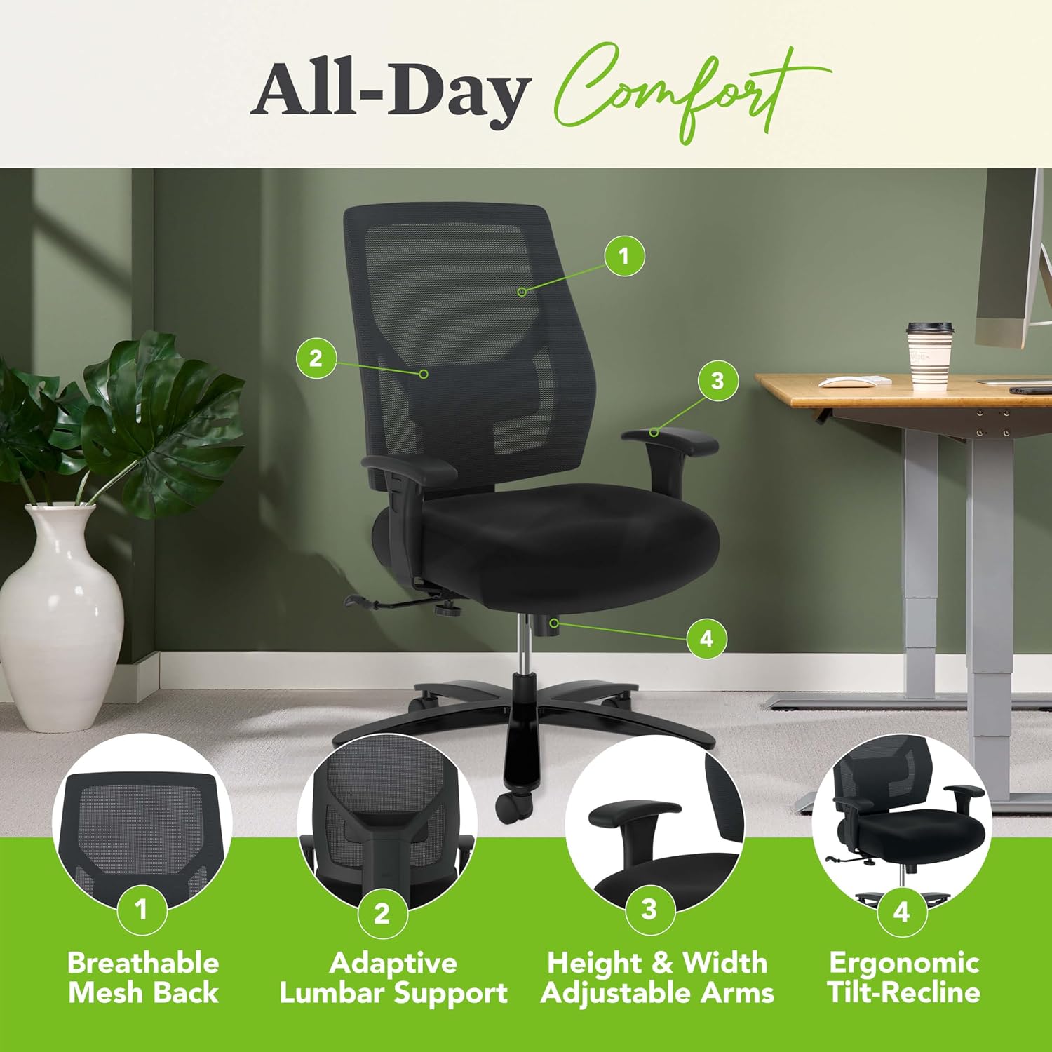 HON Crio Big and Tall Ergonomic Mesh Office Chair, Extra‑Wide High‑Back Desk Chair with Adjustable Arms, Lumbar Support, Heavy‑Duty Tilt Recline, Swivel Wheels, Black Frame, Black