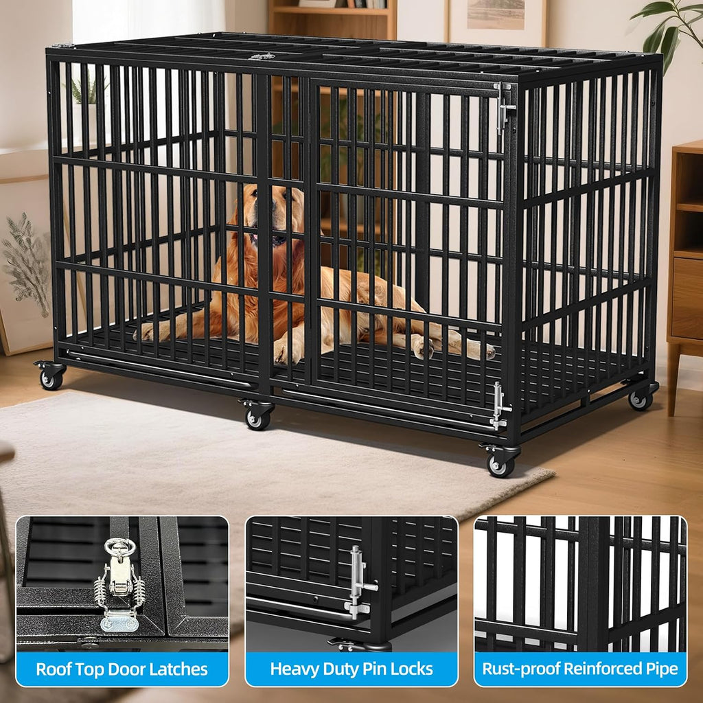 Heavy Duty Dog Crate 64' Inch Indestructible Escape Proof High Anxiety Dog Pet Kennel Cage for Extra XL Large Giant Breeds Double Doors Locakable Wheels