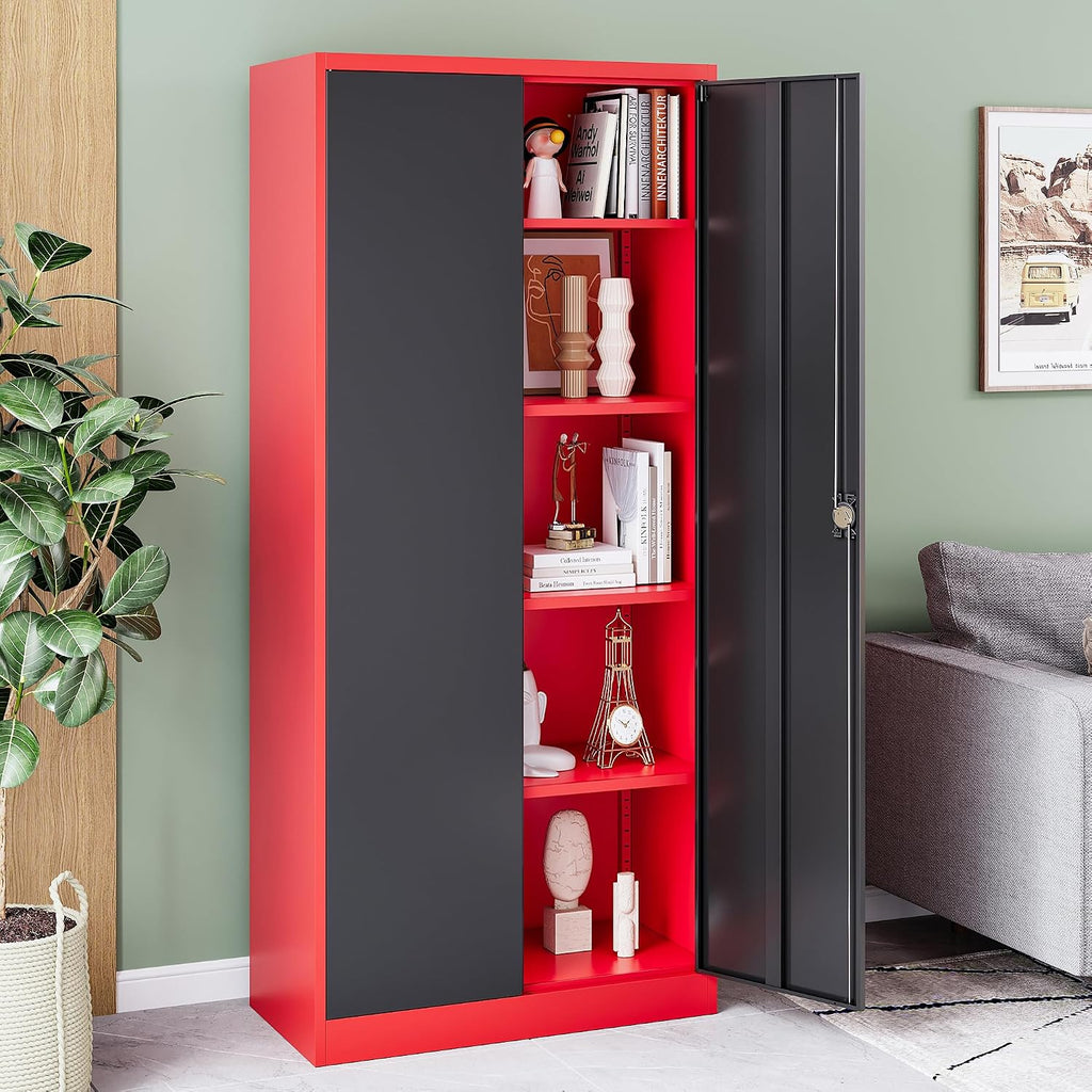 72 Inch Metal Cabinet,Lockable Storage Cabinet with 2 Doors and 4 Adjustbale Shelves,Tall Tool Cabinet Cabinet for Garage,Basement,Home Office,Gym(Red & Black)