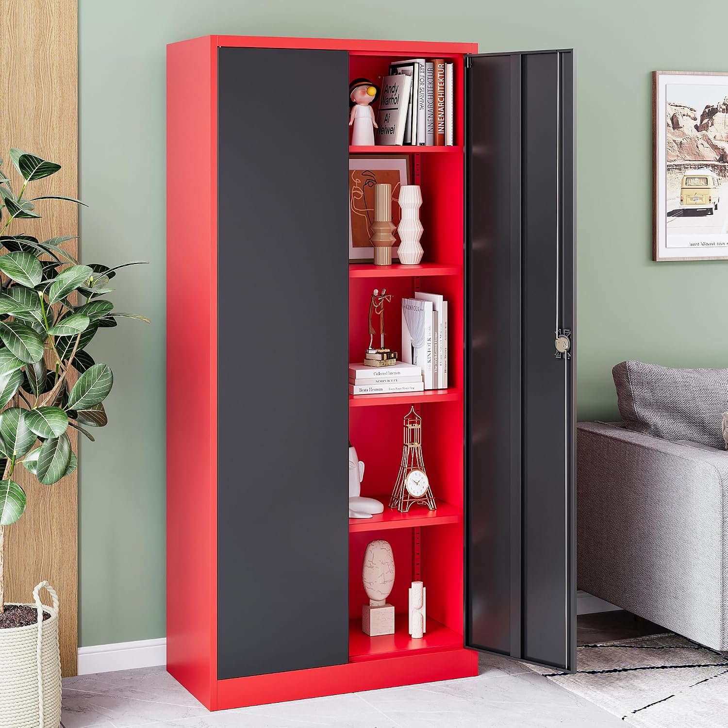 72 Inch Metal Cabinet,Lockable Storage Cabinet with 2 Doors and 4 Adjustbale Shelves,Tall Tool Cabinet Cabinet for Garage,Basement,Home Office,Gym(Red & Black)