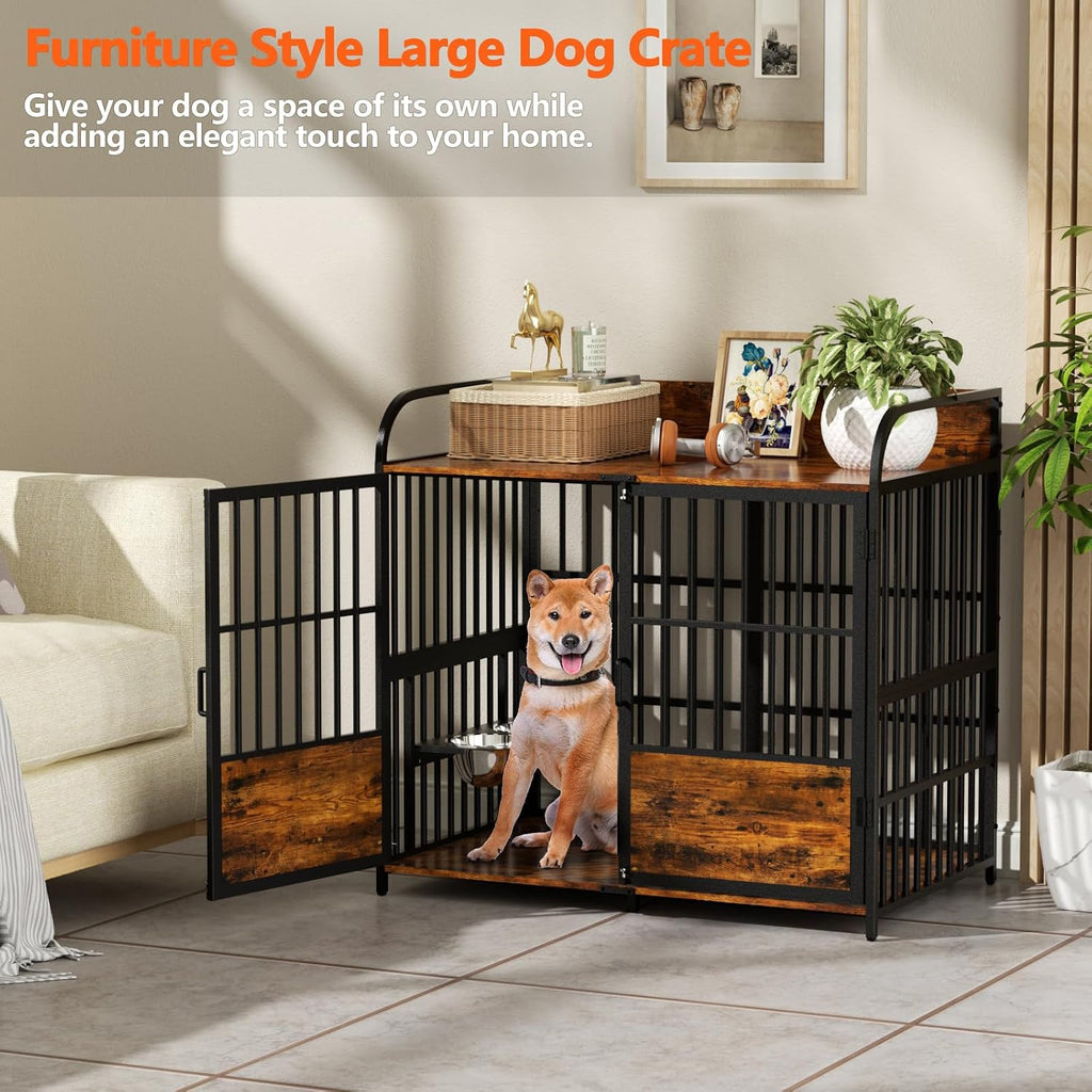 41 in Dog Crate Furniture, Medium Dog Kennel Indoor with Adjustable Bowls, Wooden Dog Cage Table Decorative for Small, Medium, Dog, Brown 41' L X 24' W X 36' H