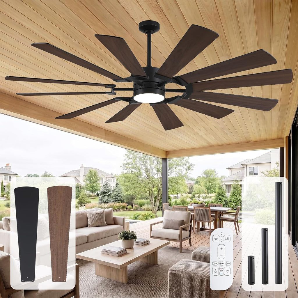 62 Inch Outdoor Ceiling Fans with Lights Remote, Modern Black Industrial Ceiling Fan with Light 6 Speed Quiet Reversible DC Motor for Patio Porch Shop Garage, Indoor/Exterior, 12 Dual-finish Blade