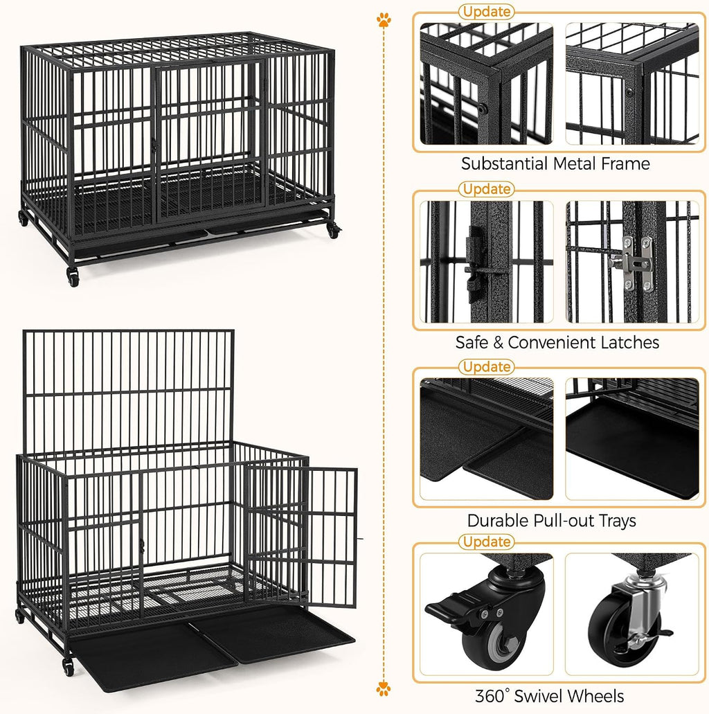 Yaheetech 48'' Dog Crate Extra Large Pet Crate XXL Indestructible Dog Crate W/2 Doors/Lockable Wheels/Removeable Trays for Indoor/Outdoor