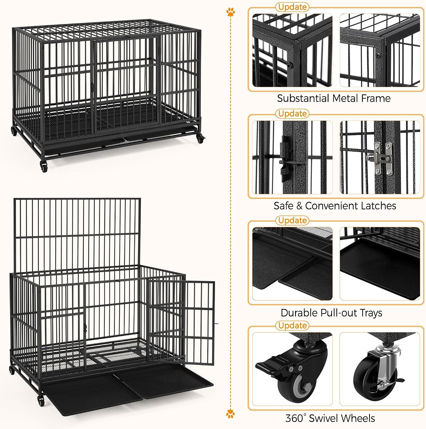 Yaheetech 48'' Dog Crate Extra Large Pet Crate XXL Indestructible Dog Crate W/2 Doors/Lockable Wheels/Removeable Trays for Indoor/Outdoor