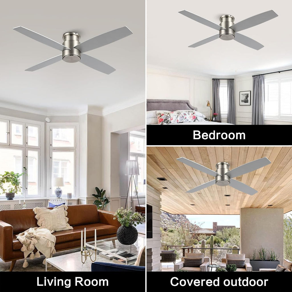 WINGBO 44' Flush Mount DC Ceiling Fan without Lights, 4 Reversible Plywood Blades, Quiet 6-Speed DC Motor, Hugger Low Profile Ceiling Fan No Lights for Bedroom, Brushed Nickel Finish