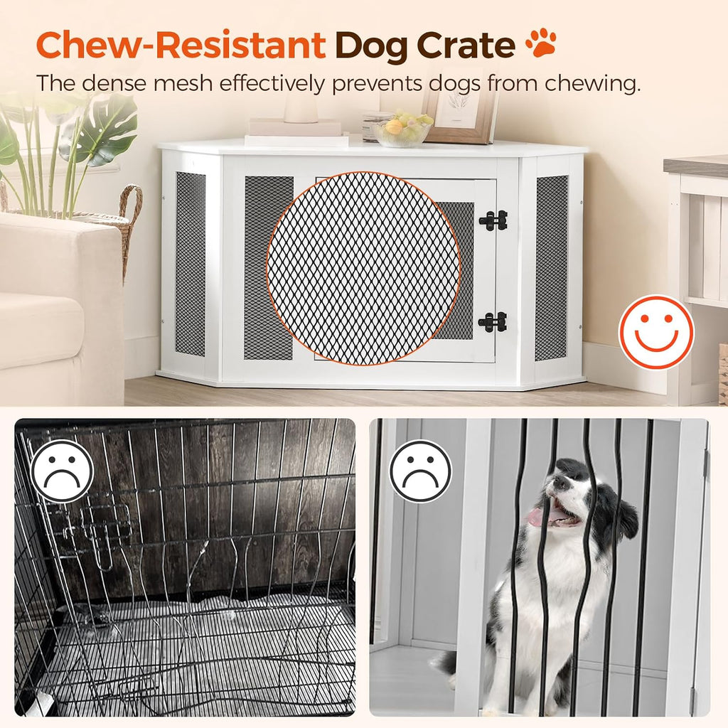MAHANCRIS Corner Dog Crate Furniture, Wooden Dog Kennel End Table, Decorative Pet Crate Indoor Use, Furniture Style Dog House for Small Medium Dog, Dog Cage TV Stand, White and Black DCWT0801