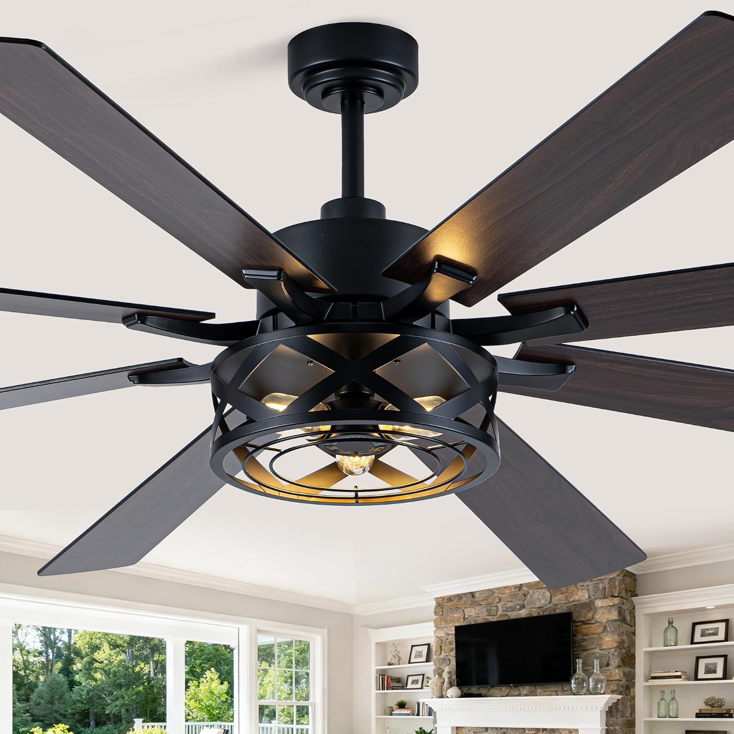 Dawn Whisper Black Ceiling Fans with Lights 72 Inch Farmhouse Ceiling Fan with Remote Quiet Reversible DC Motor 6 Speeds 8 Blades Large Industrial Chandelier Fan for Living Room Bedroom