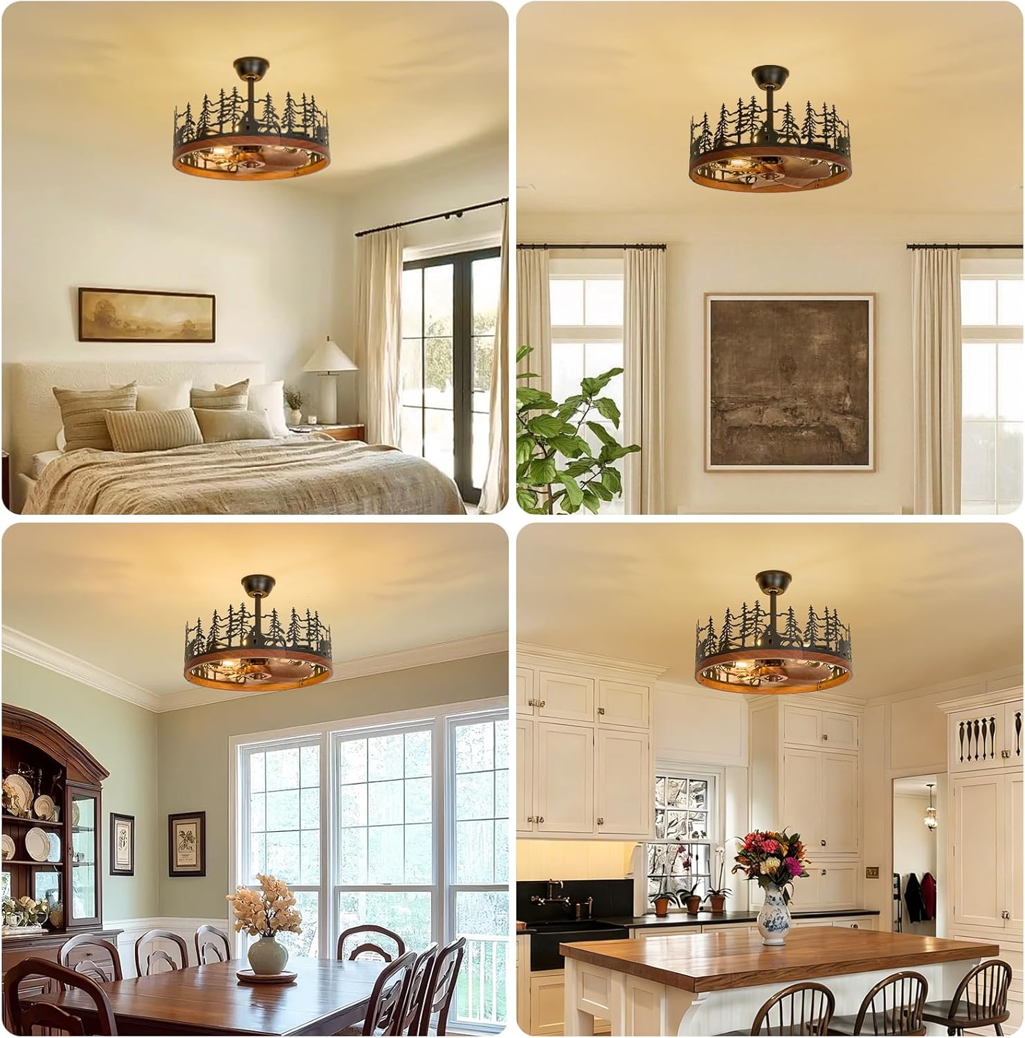 23.6 Inch Farmhouse Rustic Ceiling Fans with Lights, Vintage Walnut Wheels Flush Mount Bladeless Chandeliers Fan, Adjustable Height, Black Caged Fandelier Ceiling Fan Light for Living Room