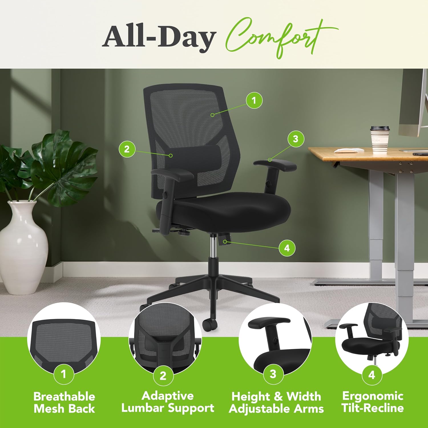 HON Crio Ergonomic Mesh Office Chair, High‑Back Desk Chair with Adjustable Arms, Lumbar Support, Center‑Tilt Swivel Seating for Computer Desks and Home Office, Black Frame, Black