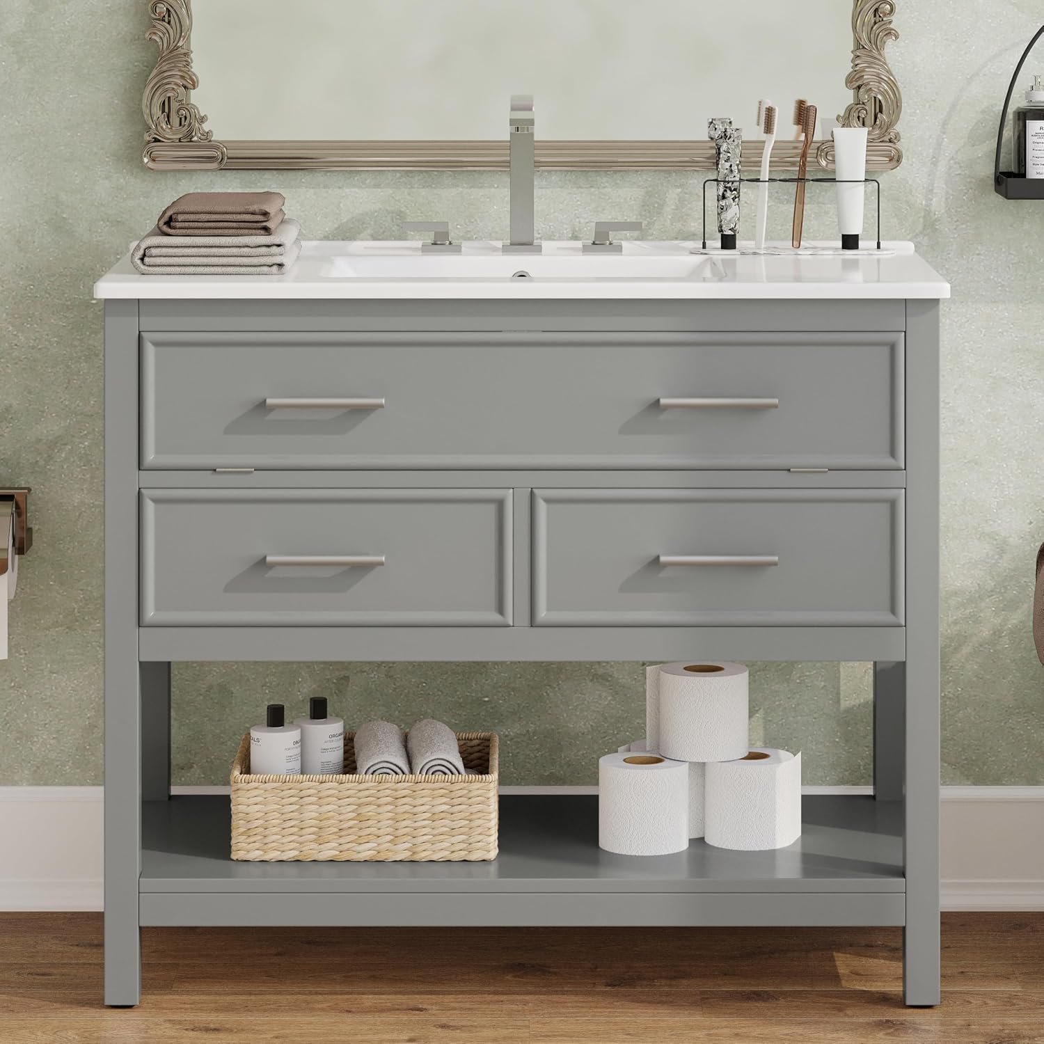 Bathroom Vanity 36 Inch with Ceramic Sink, Flip Top Tray, Wooden Bathroom Sink Cabinet with 2 Drawers and Open Shelf, Freestanding Vanity for Guest Baths Master Suites, Rental Units (Gray)