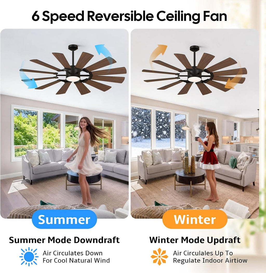 62 Inch 12-Blade Black Ceiling Fan with Light and Remote, for Patio Shop Garage, High CFM Wind Mill Farmhouse Indoor Outdoor Ceiling Fan, Dual Color, 3CCT, 3 Downrods, 6-Speed, DC Motor