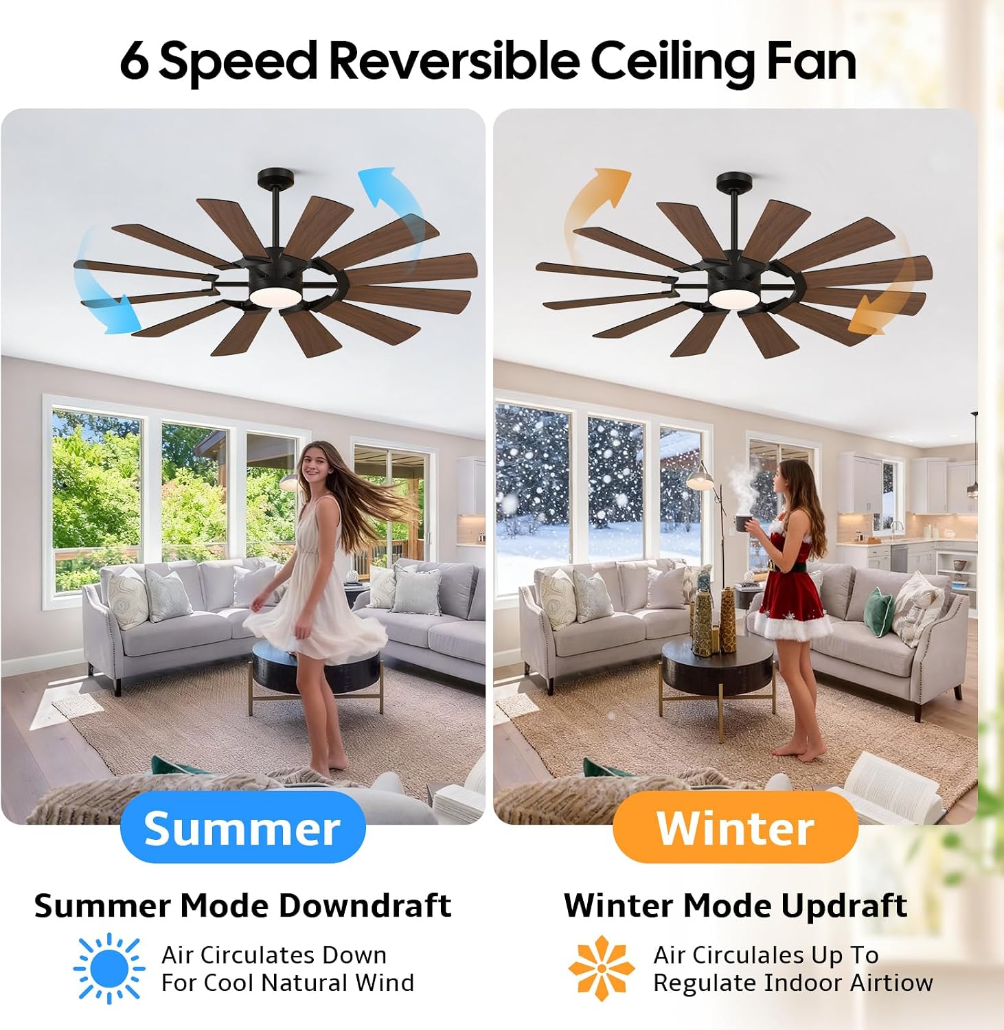 62 Inch 12-Blade Black Ceiling Fan with Light and Remote, for Patio Shop Garage, High CFM Wind Mill Farmhouse Indoor Outdoor Ceiling Fan, Dual Color, 3CCT, 3 Downrods, 6-Speed, DC Motor
