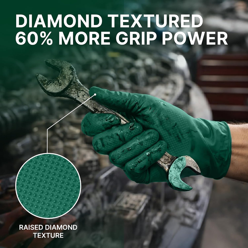 TitanFlex Heavy Duty Industrial Nitrile Gloves with Raised Diamond Texture, 6-mil, Latex Free (Dark Green/Yellow)