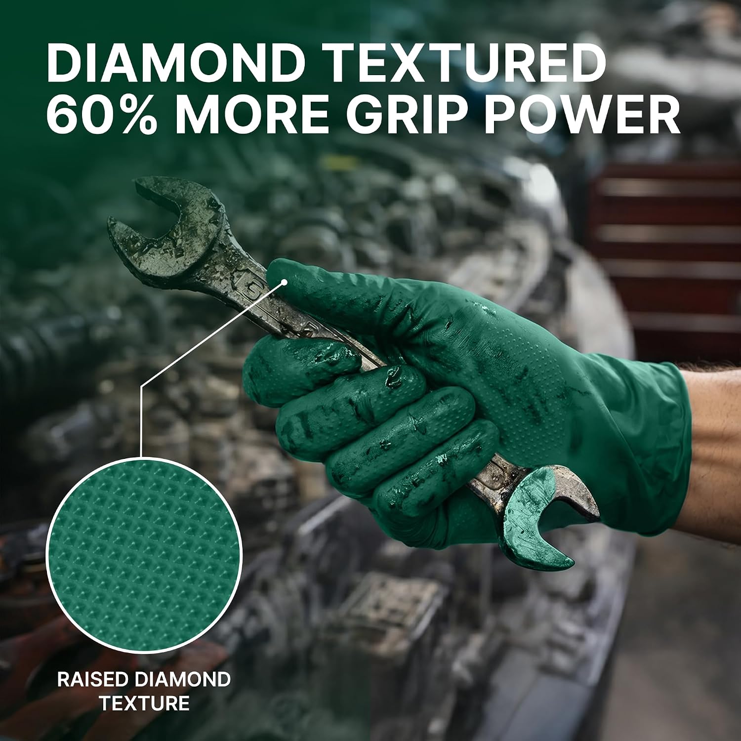 TitanFlex Heavy Duty Industrial Nitrile Gloves with Raised Diamond Texture, 6-mil, Latex Free (Dark Green/Yellow)