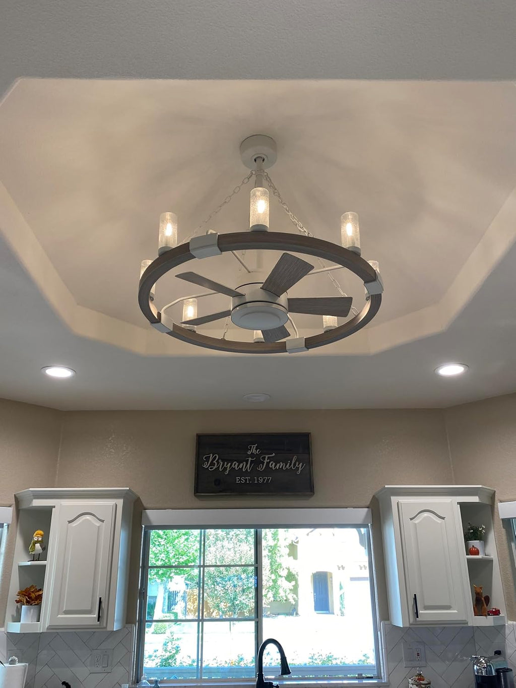 Hinkley Sawyer 36' LED Indoor/Outdoor Smart Fandelier, Rustic Western style, Multiple Down Rods, 16' blade sweep, Matte White and Weathered Wood