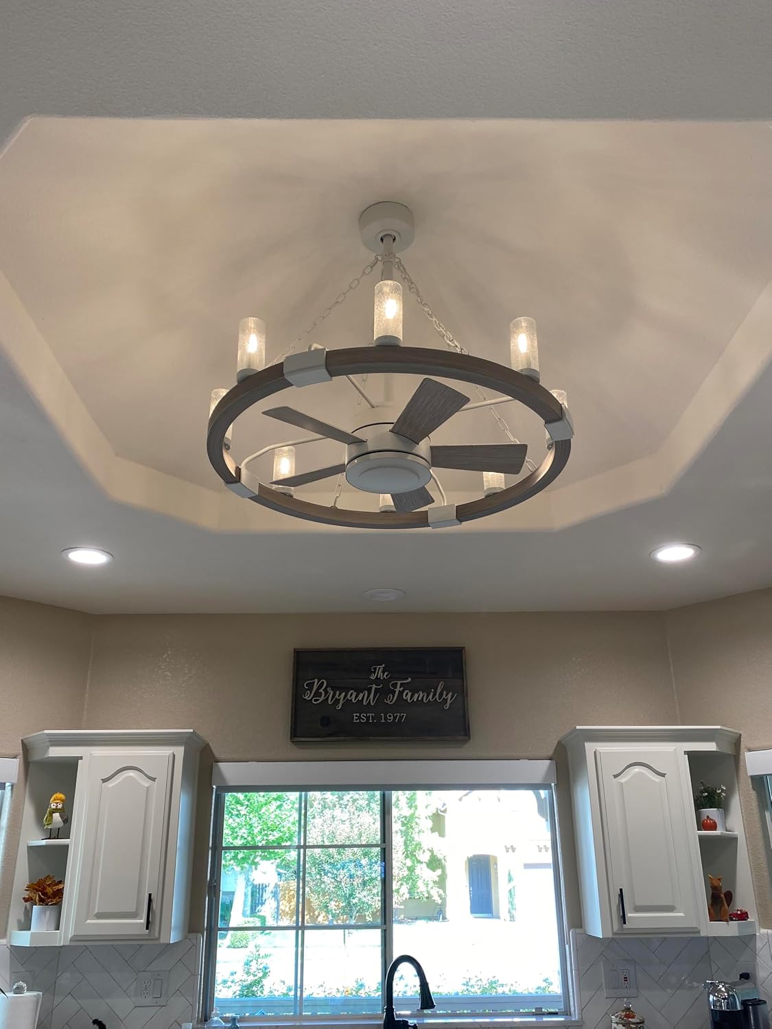 Hinkley Sawyer 36' LED Indoor/Outdoor Smart Fandelier, Rustic Western style, Multiple Down Rods, 16' blade sweep, Matte White and Weathered Wood
