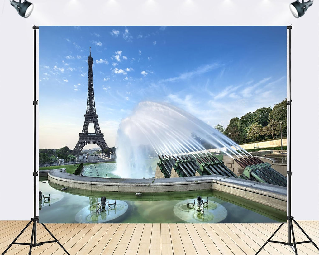 Trykid 20x10ft Eiffel Tower Fountain Backdrop Clear Blue Sky Water Jets Cityscape Photography Background Travel Event Tapestry Party Decoration Photo Studio Prop Fabric
