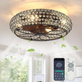 Modern Fandelier Crystal Ceiling Fans with Lights and Remote, 20-Inch Low Profile Bladeless Flush Mount Caged Ceiling Fan for Bedroom, Kitchen,Living Room,Small Ceiling Fan with Light with 6 Speed