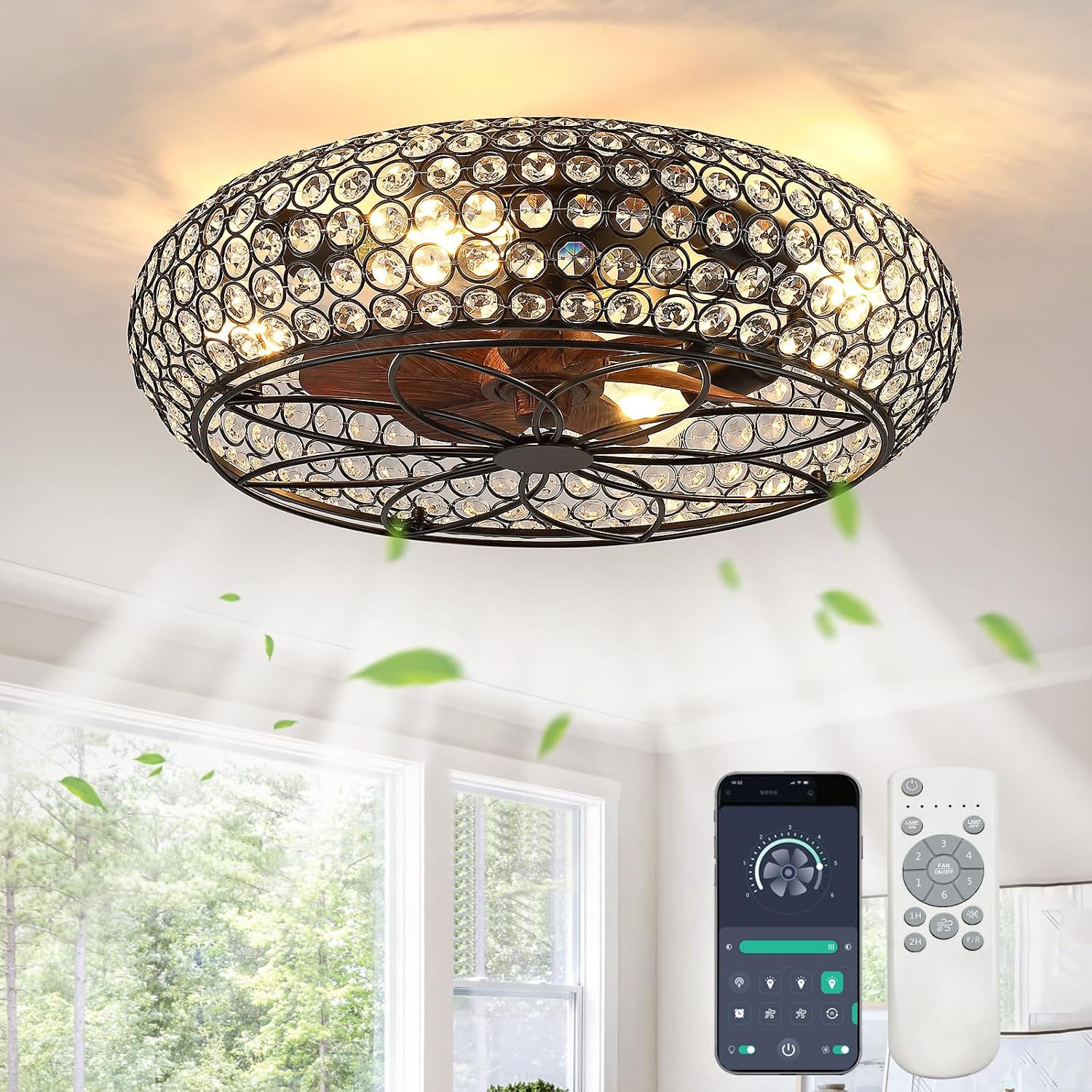 Modern Fandelier Crystal Ceiling Fans with Lights and Remote, 20-Inch Low Profile Bladeless Flush Mount Caged Ceiling Fan for Bedroom, Kitchen,Living Room,Small Ceiling Fan with Light with 6 Speed