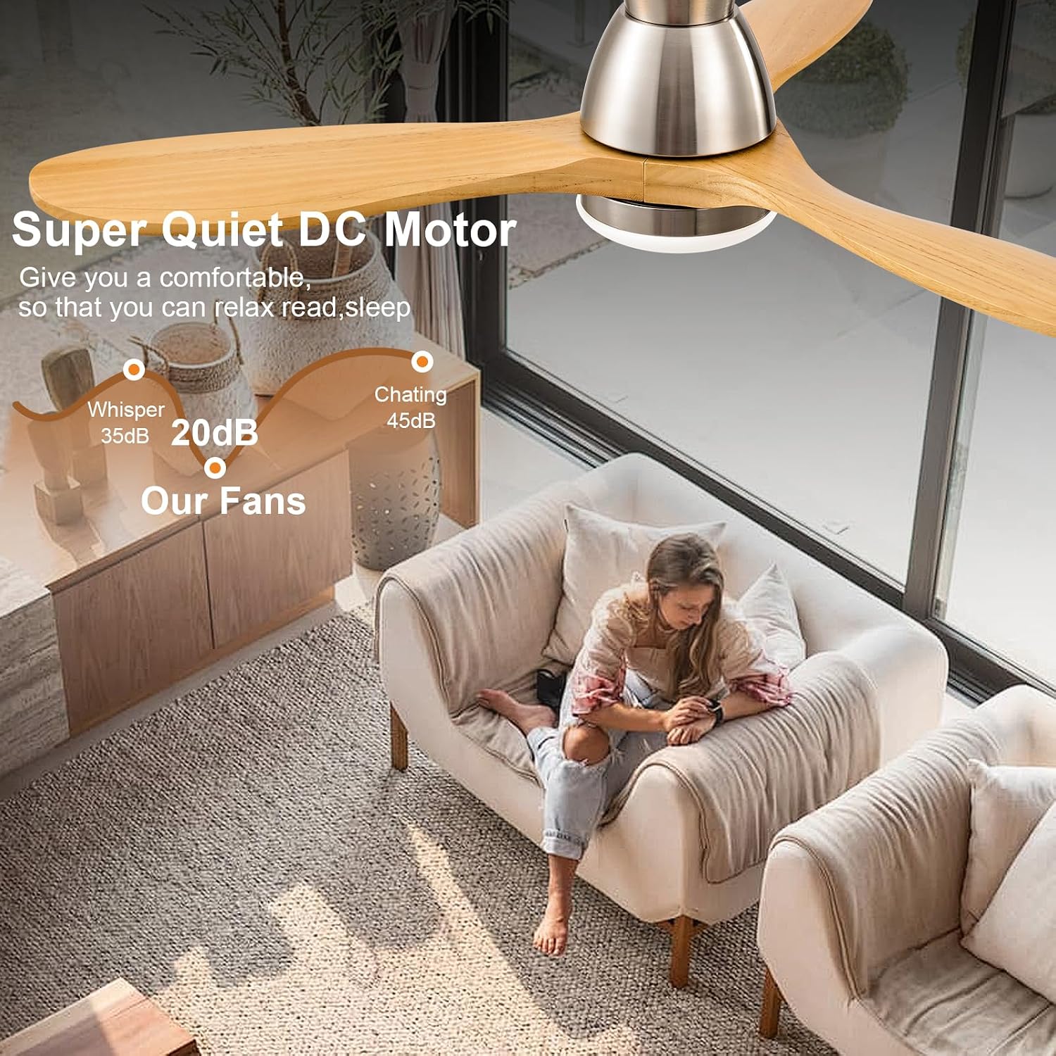 42 Inch Flush Mount Ceiling Fans with Lights and Remote, Dimmable 3 Blade Wood Bedroom Ceiling Fan with Lights Low Profile Ceiling Fan with Light Brushed Nickel Outdoor Ceiling Fans for Patios