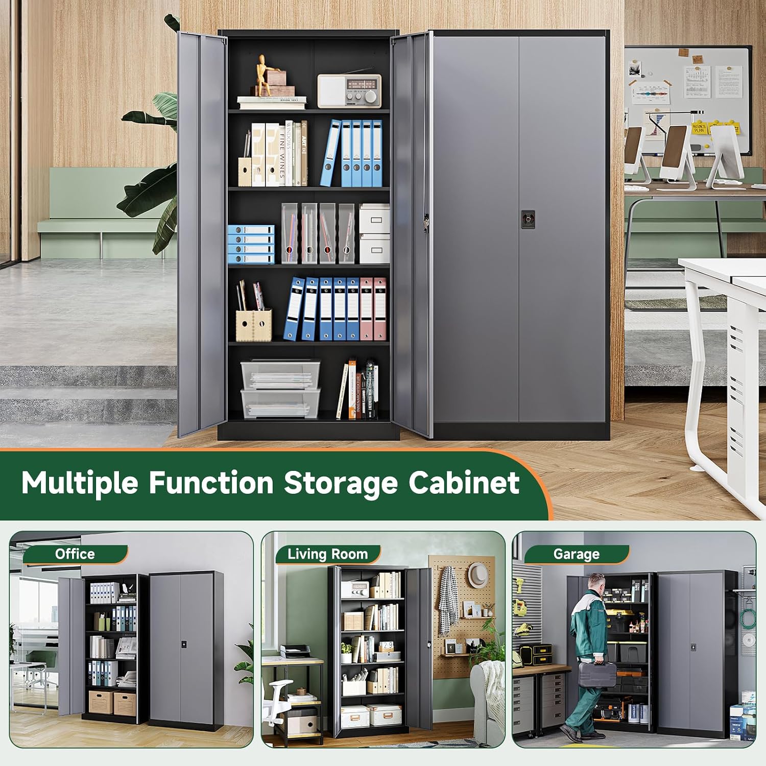 Letaya Metal Garage Storage Cabinets with Lock Door and Adjustable Shelves, Steel Tool Cabinets for Home,Office,Warehouse Organisieren (Black Gray)
