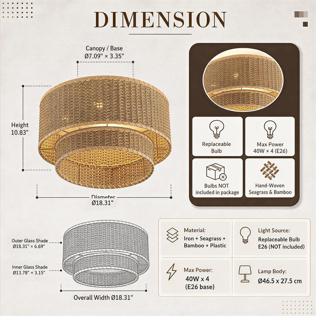 Boho Rattan Ceiling Fan with Light, Flush Mount Woven Fandelier with Remote,2-Tier Layered Caged Ceiling Fan Light Fixture, 6-Speed Reversible Low Profile Fan for Bedroom Kitchen Dining Room