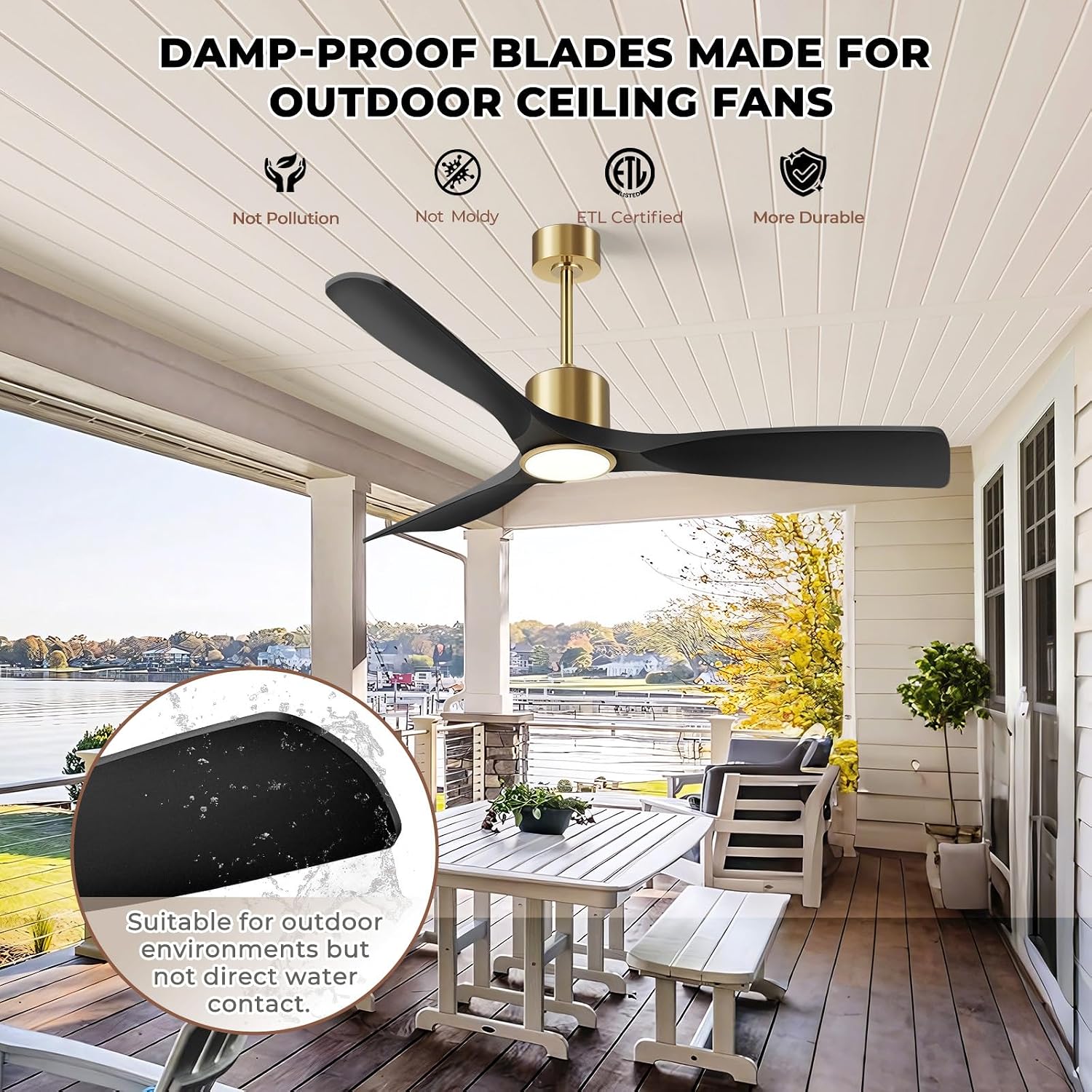 Ceiling Fans with Lights, Ceiling Fans with Lights and Remote Control, 60 inch Ceiling Fan with Light, Outdoor Ceiling Fans for Patios 3 Blade Bedroom Living Room-Matte Black and Gold